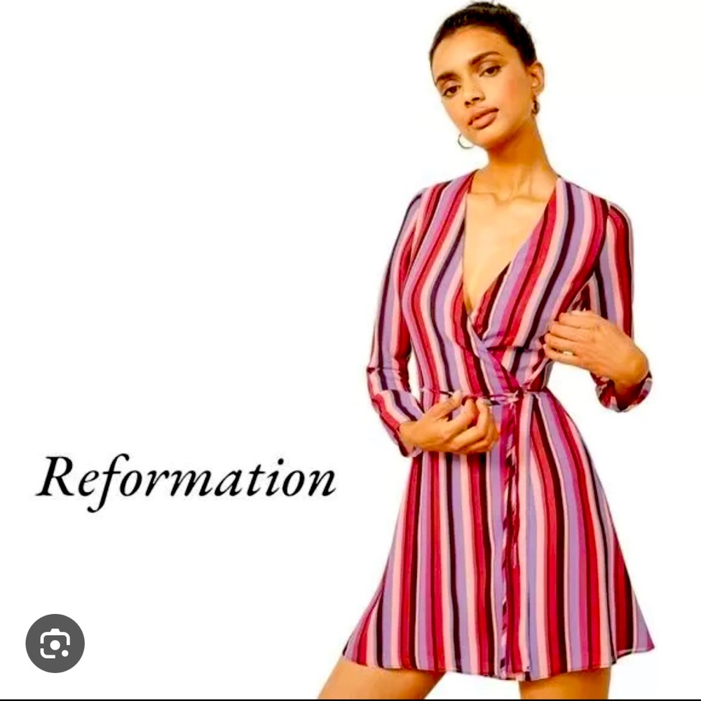 Reformation Pink and Red Striped Mini Wrap Dress